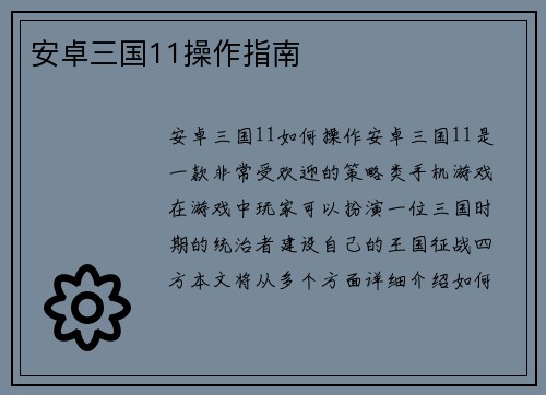 安卓三国11操作指南